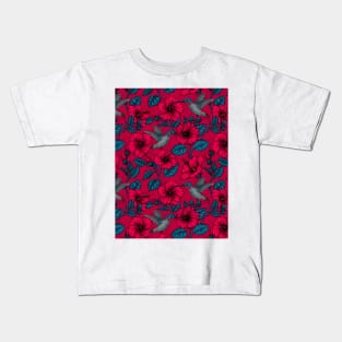 Red hibiscus and hummingbirds, tropical garden on red Kids T-Shirt